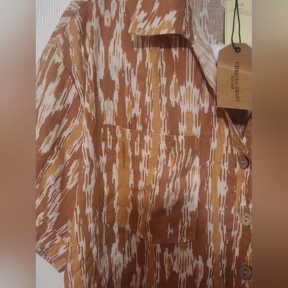 NWTChristian Siriano L MustardWhite CroppedPockets LINENBlendShrtslv WomenShirt - Picture 5 of 7